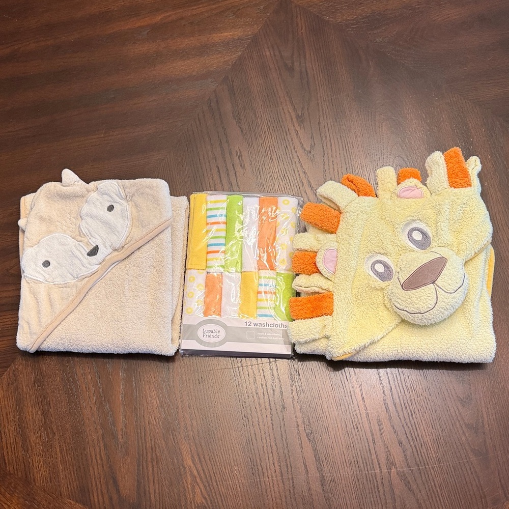 Baby Hooded Towel & Washcloth Set 2 Towels 12 Washcloths Bath Bundle